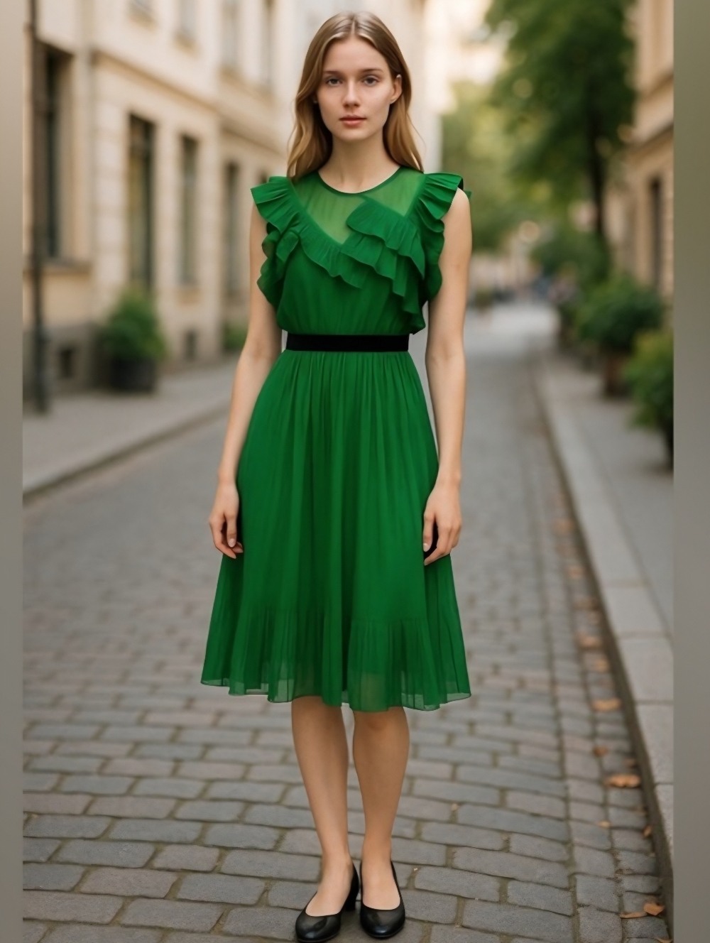 BCBG Green Ruffled Pleated Midi Dress